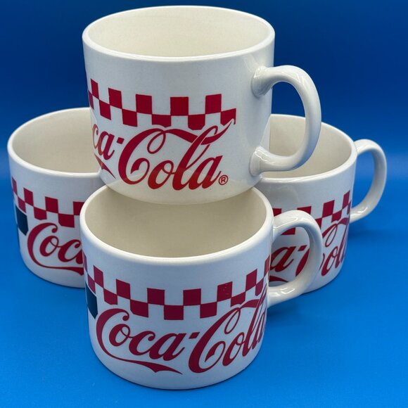 Vintage 1996 Coca-Cola Checkered Mugs, Set Of 4, Gibson Diner Style Coffee Cups - Picture 1 of 11